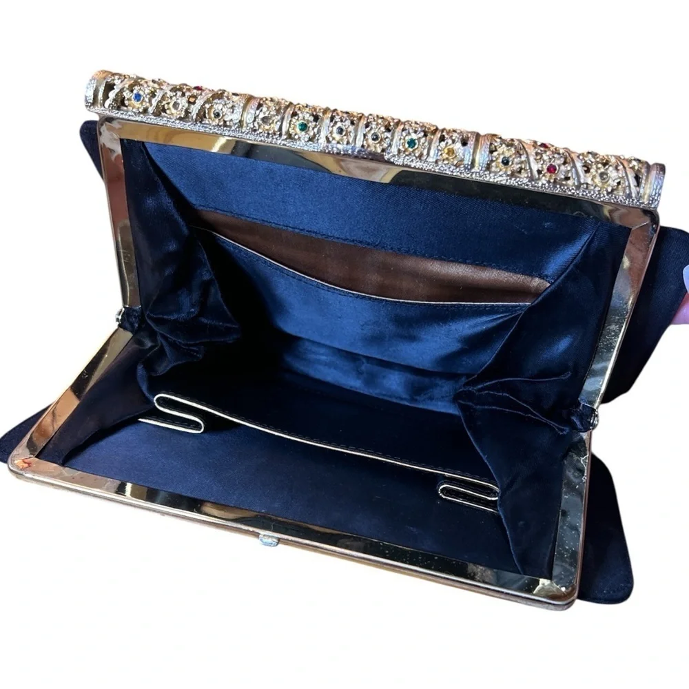 Vintage 1950s Jeweled Filigree Evening Clutch Navy Satin MCM Purse